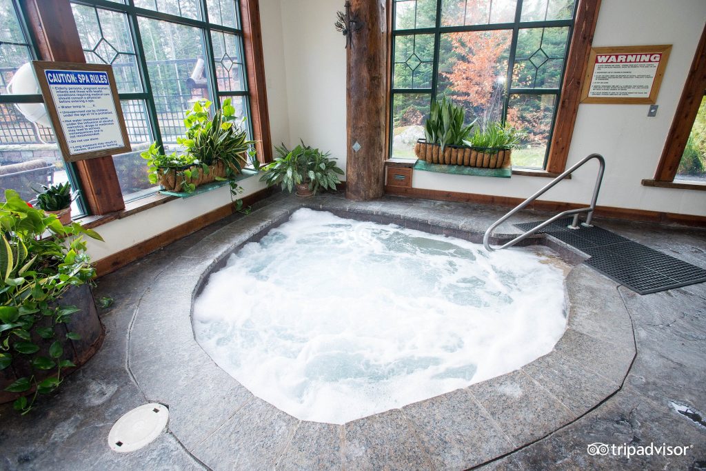 Indoor hotel whirlpool spa surrounded by plants and large windows